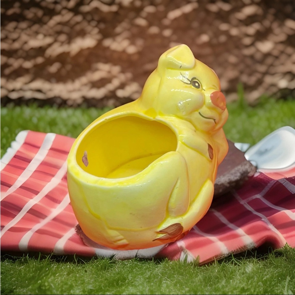 Vintage Yellow Pig Planter Trinket Dish Piggy MCM Figurine Decor